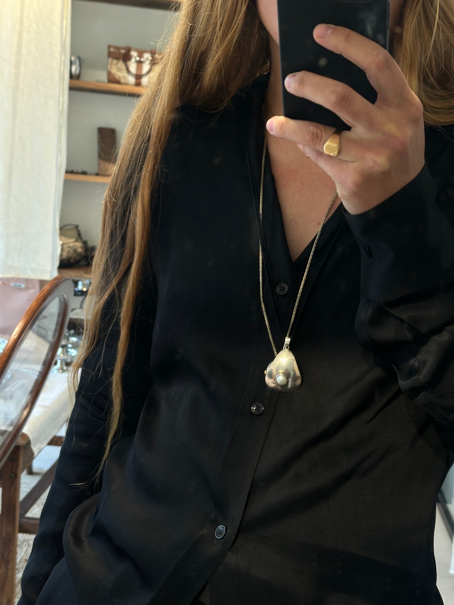 Vintage Silver Necklace Pedant with Pearl Inlay
