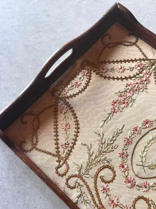 Hand-embroidered wooden vintage French serving tray