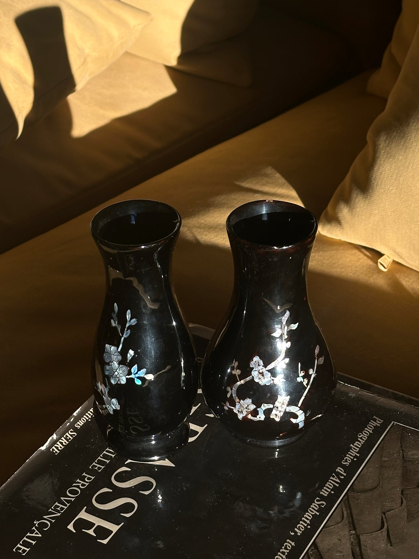 Vintage Mother Of Pearl Appliqué Set of 2 Vases