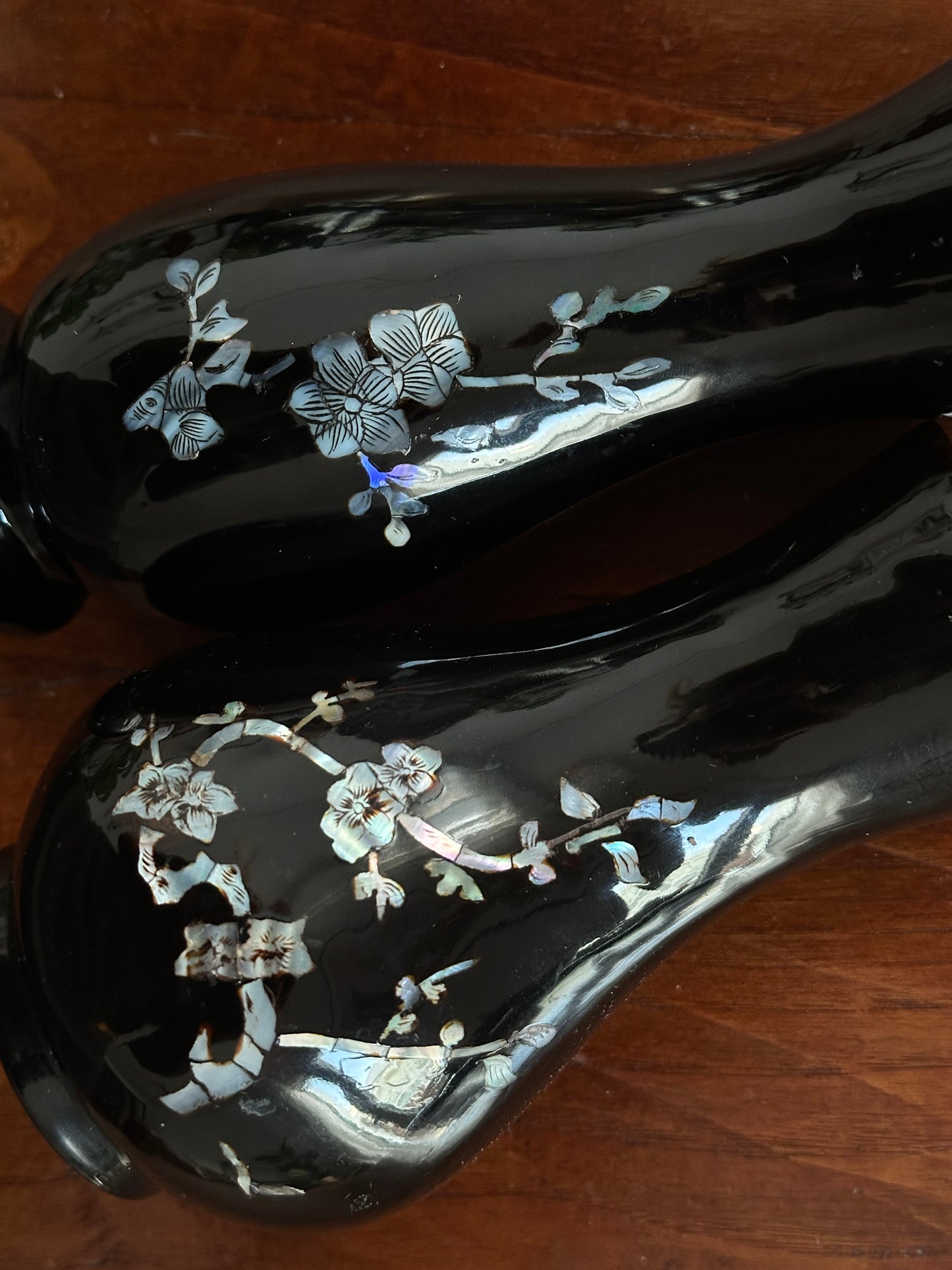 Vintage Mother Of Pearl Appliqué Set of 2 Vases